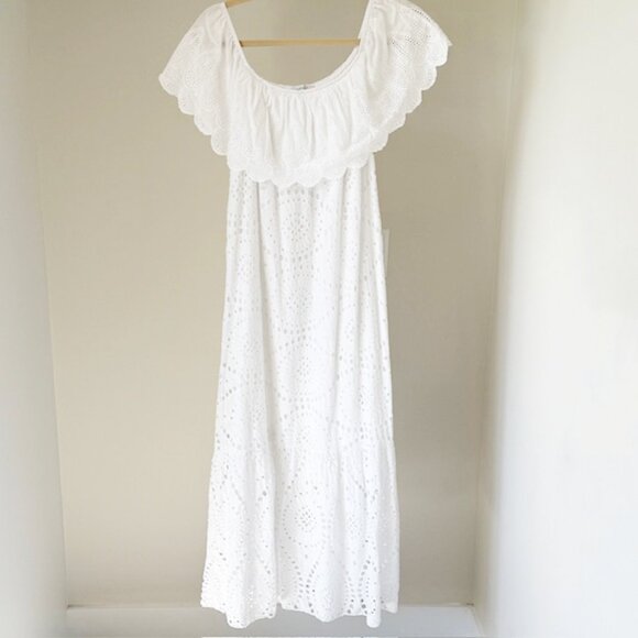 Eyelet Off-Shoulder Dress, Made In Italy, OSFM, White - Picture 1 of 3